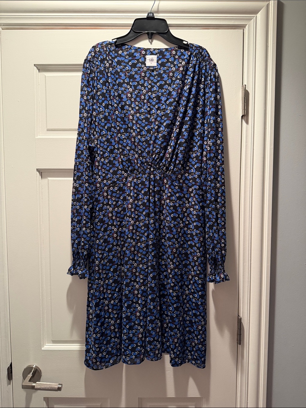 CAbi Blue and Navy Floral Long-Sleeve Tie-Waist Dress
